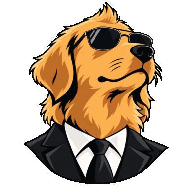 O desenvolvedor, representado pelo cachorro dele: um golden retriever de terno e óculos escuros.